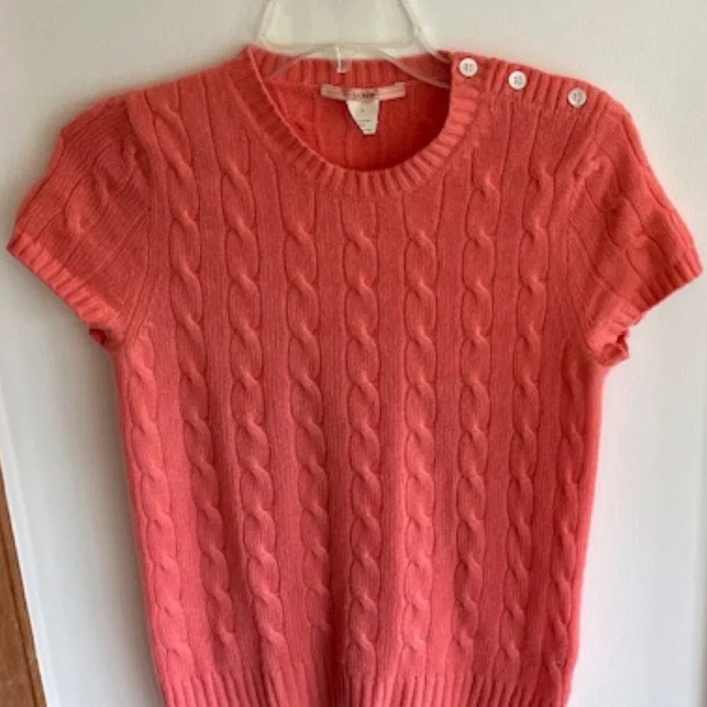 J. Crew Vibrant Coral Cashmere Short Sleeve Crewneck Cardigan S